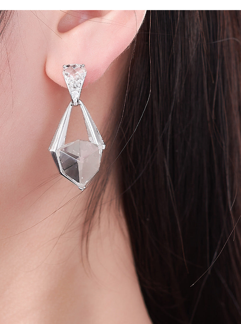 925 Sterling Silver Faceted White Crystal Geometric Dangle Earrings