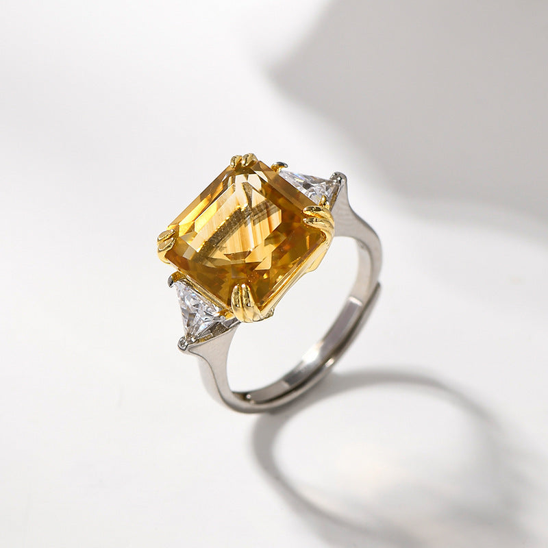 Sugar Cube Citrine Ring - 925 Silver Cut Diamond - Light Luxury Opening Ring