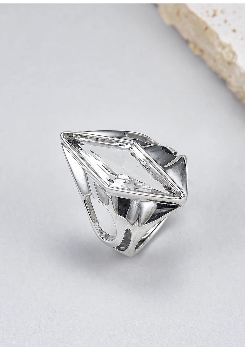 Minimalist Statement Ring - Adjustable Openwork 925 Silver with Quartz - A Modern Unisex Heirloom