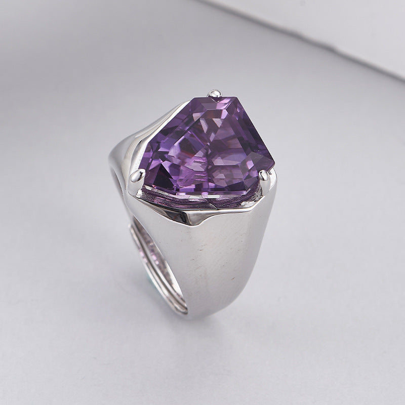 S925 silver cut amethyst geometric personality open ring fashionable simple sweet cool temperament adjustable ring