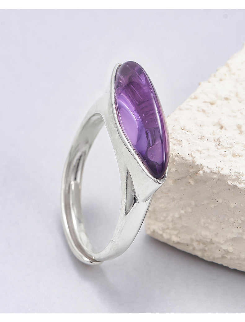 Minimalist Amethyst Marquise Ring - Adjustable Sterling Silver Band