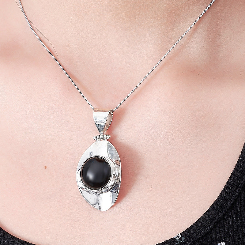 925 Sterling Silver Geometric Black Onyx Pendant Necklace