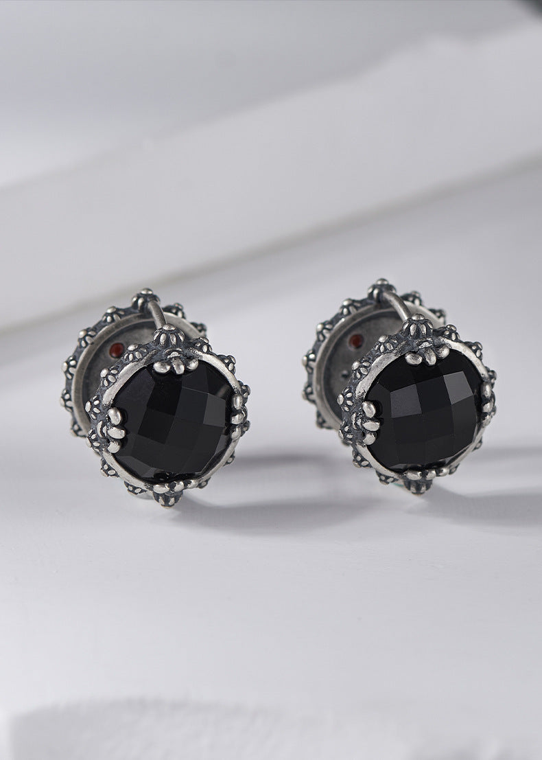 Geometric Onyx Earrings - Polished Sterling Silver Settings