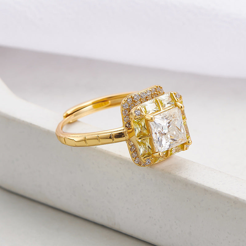 Square Citrine Ring - 925 Silver Super Flash - Niche Design Opening Index Finger Ring