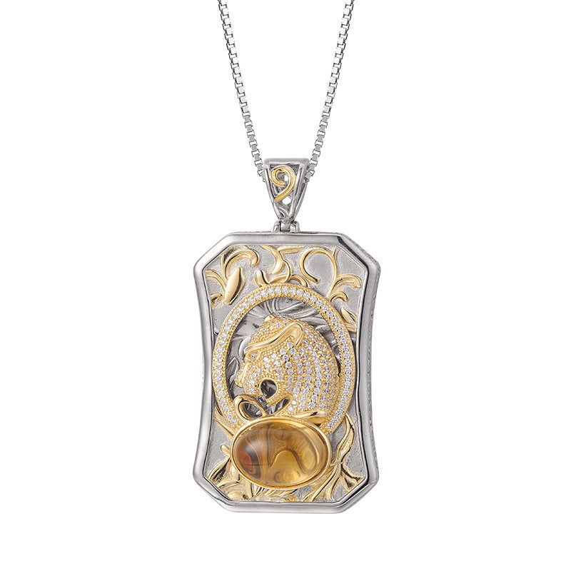 925 Sterling Silver Leopard Head Citrine Square Pendant Necklace - Vintage Design