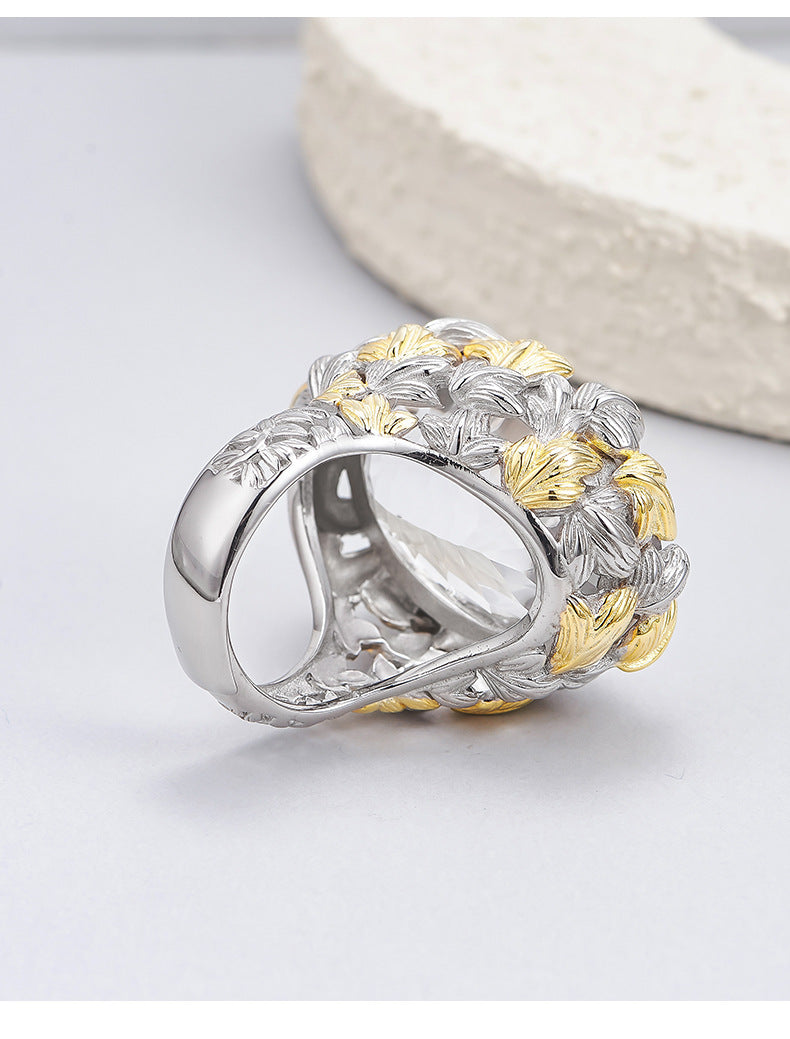 Hollow Leaf Crystal Ring - 925 Silver Exaggerated Design - Statement Citrine Index Finger Ring