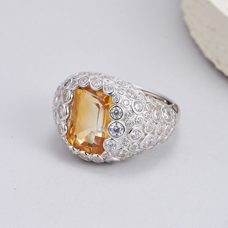 S925 silver super flash full diamond natural citrine ring heavy industry personalized design open index finger ring