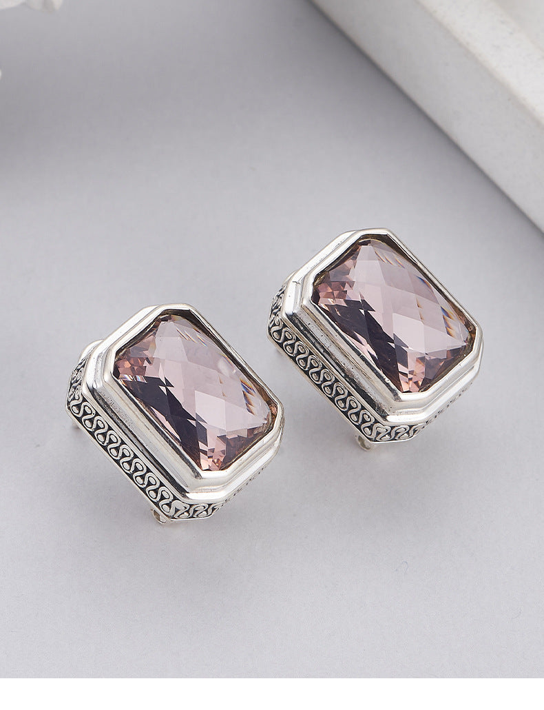 S925 Sterling Silver Morganite Square earrings rings Pendant Necklace Set