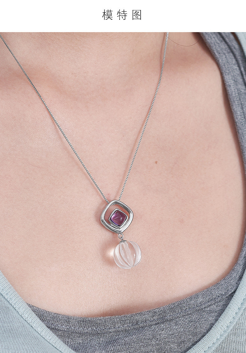 S925 silver rhombus hollow amethyst stud earrings pumpkin beads white crystal earrings simple niche design geometric set