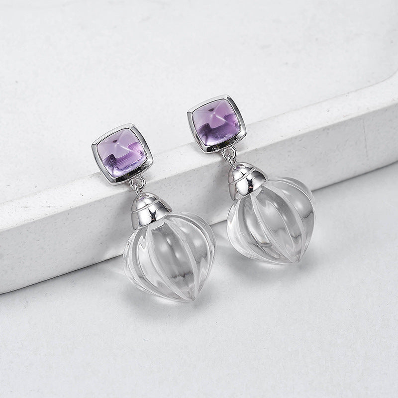 Pumpkin Bead Crystal Stud Earrings - 925 Sterling Silver with White Quartz & Amethyst