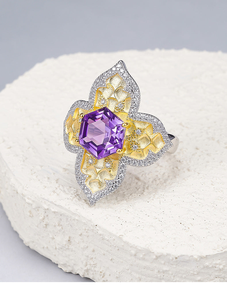 925 Sterling Silver Italian Faceted Amethyst Flower Open Ring