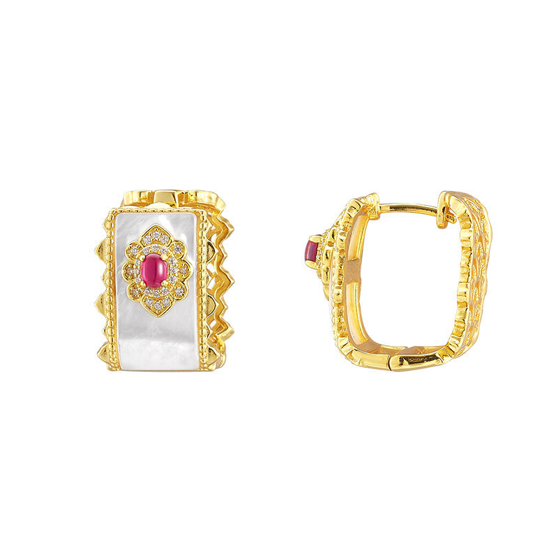 Retro light luxury red corundum ear buckle s925 silver hollow white shell wide-faced earrings temperament exquisite medieval earrings women