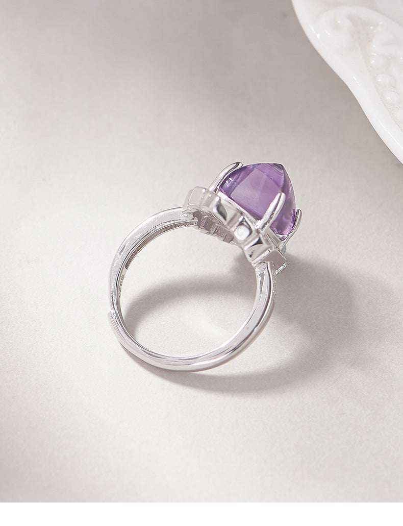 925 Sterling Silver Geometric Faceted Amethyst Open Ring - French Design