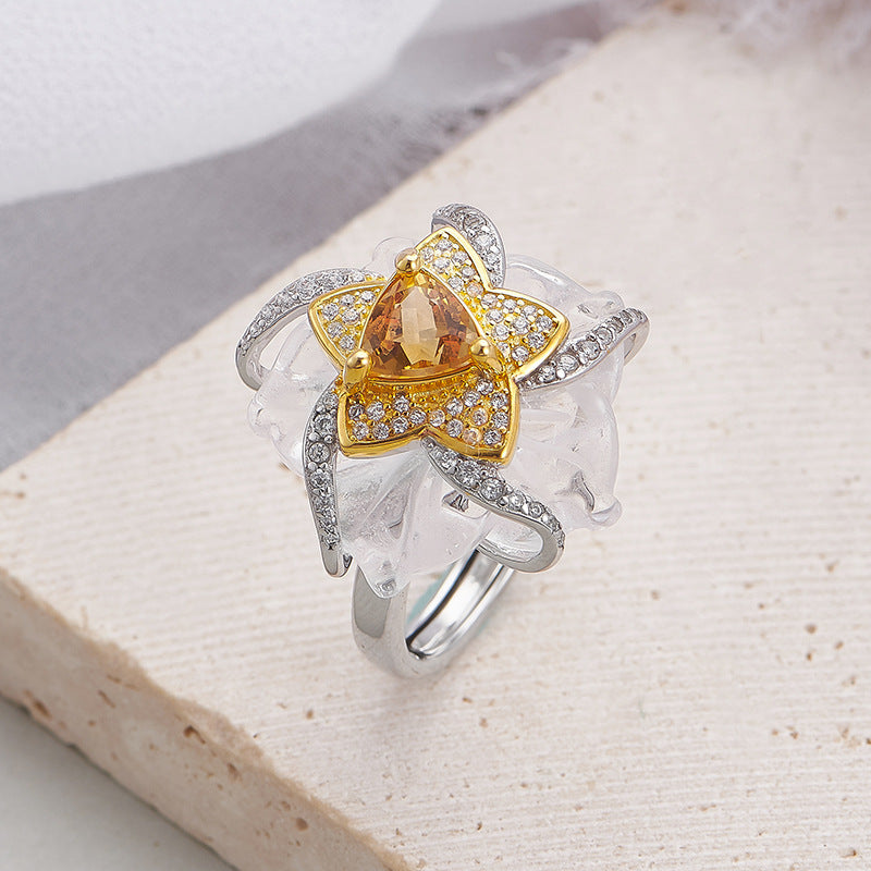 925 Sterling Silver White Crystal & Citrine Flower Ring
