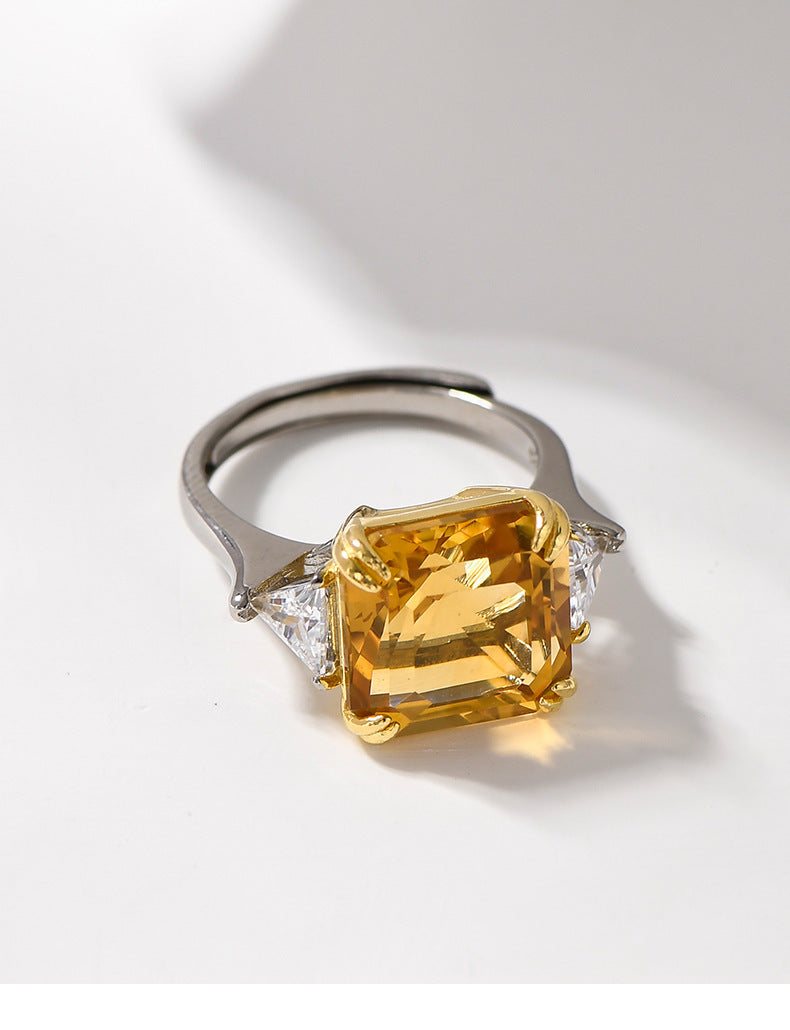 Sugar Cube Citrine Ring - 925 Silver Cut Diamond - Light Luxury Opening Ring