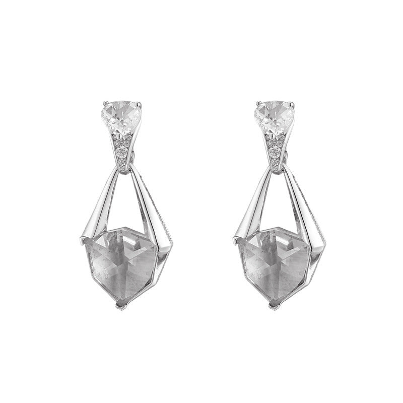 925 Sterling Silver Faceted White Crystal Geometric Dangle Earrings