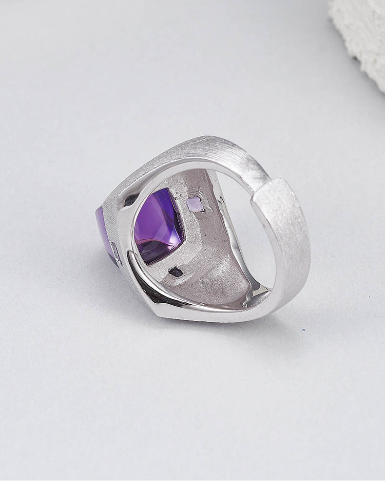 925 Sterling Silver Brushed Amethyst Diamond-Shaped Open Ring