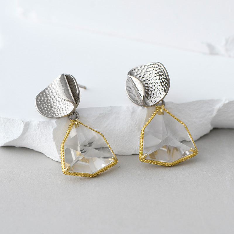 925 Sterling Silver Geometric Crystal Stud Earrings - French Gold Edge Design