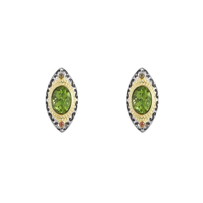 Two-Color Oval Peridot Earrings - 925 Silver Italian Craft - Vintage Court Geometry Set