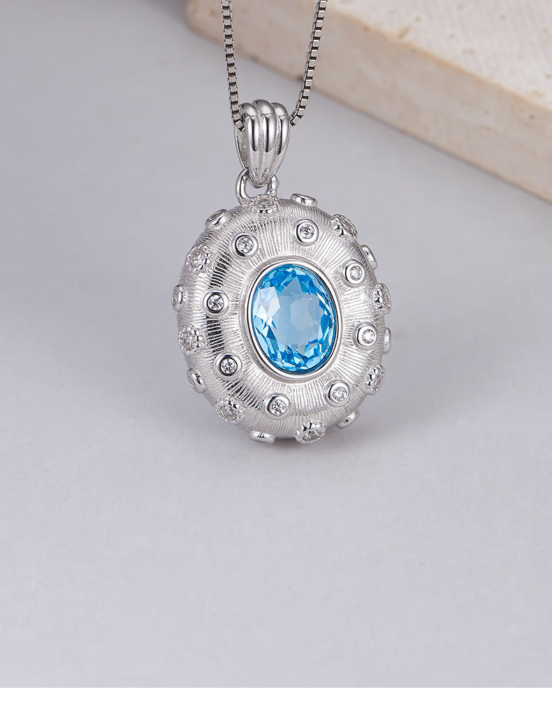 925 Sterling Silver Brushed Oval Topaz Ring with Crystals - Court Style Open Ring