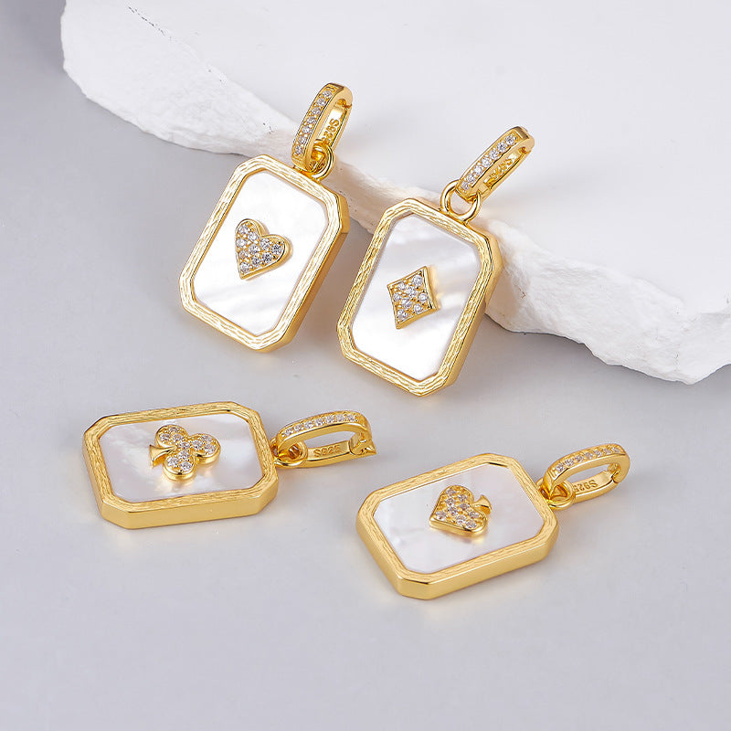 S925 silver-plated hemming inlaid shell pendant light luxury niche design playing card pendant collarbone necklace women
