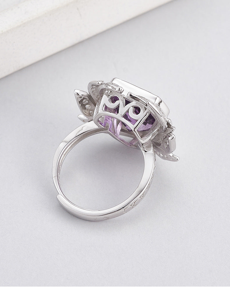S925 silver light luxury geometric section amethyst full diamond ring niche design fashionable personality adjustable ring