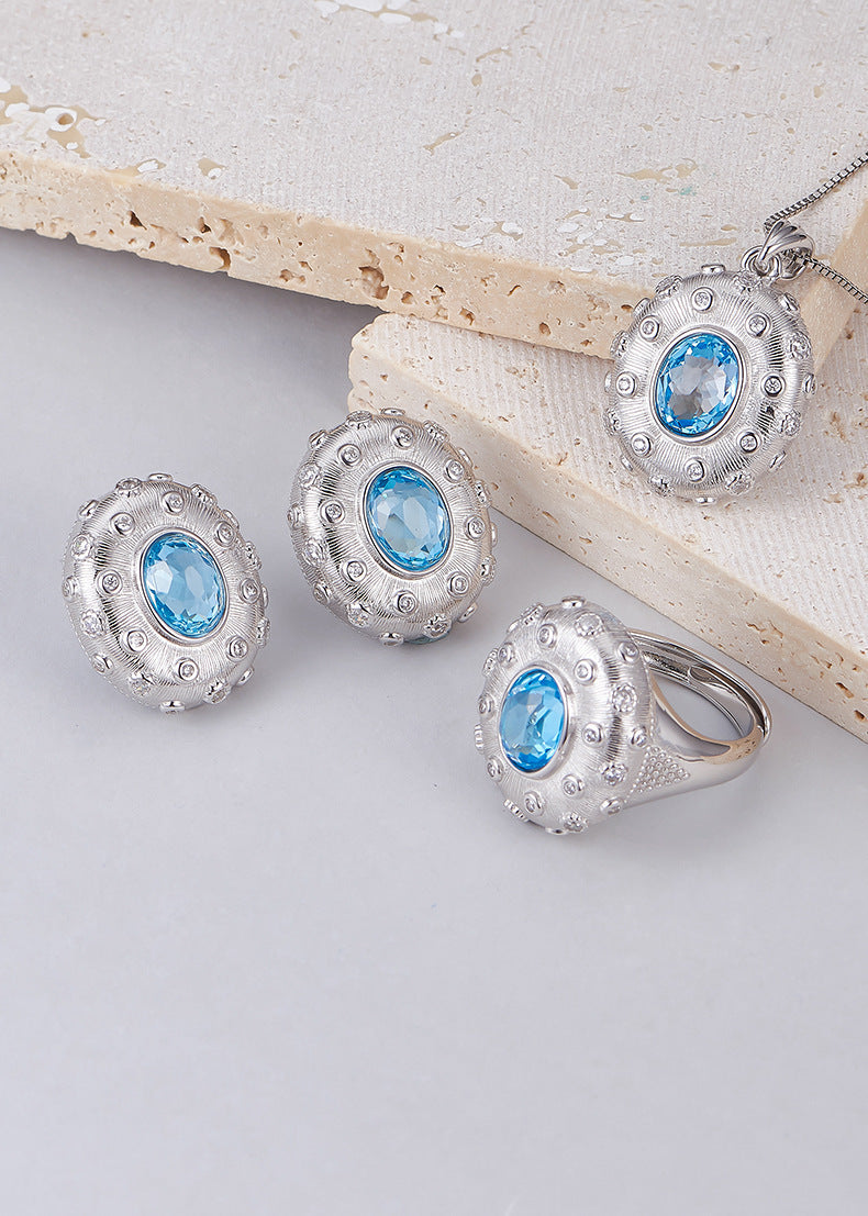 925 Sterling Silver Brushed Oval Topaz Ring with Crystals - Court Style Open Ring