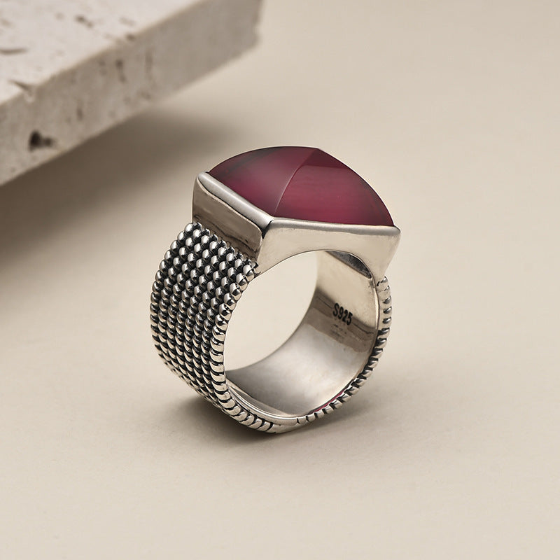 925 Sterling Silver Square Ruby Open Ring - Bold Vintage Design