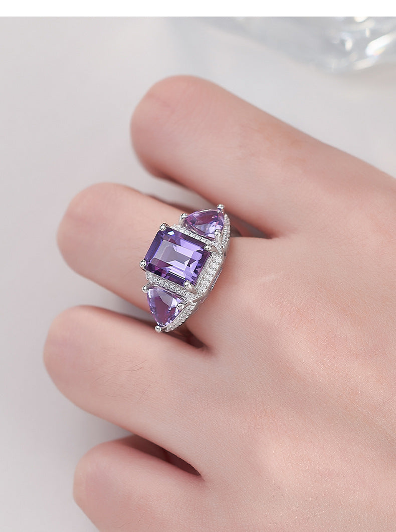Light luxury niche design geometric ring s925 silver amethyst square fashion temperament versatile open index finger ring