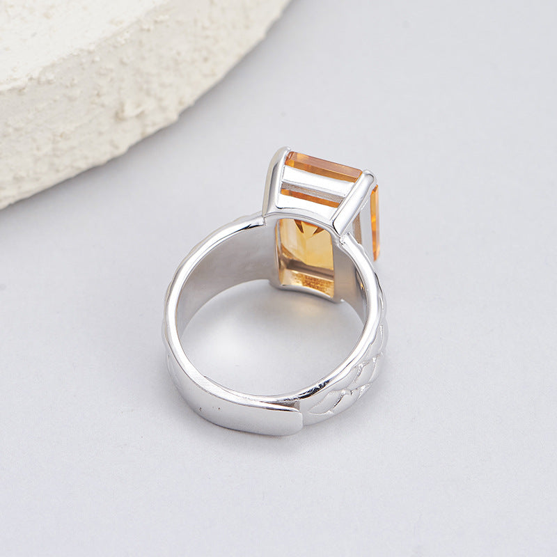 S925 silver natural cut citrine texture square ring cold wind personality temperament ring