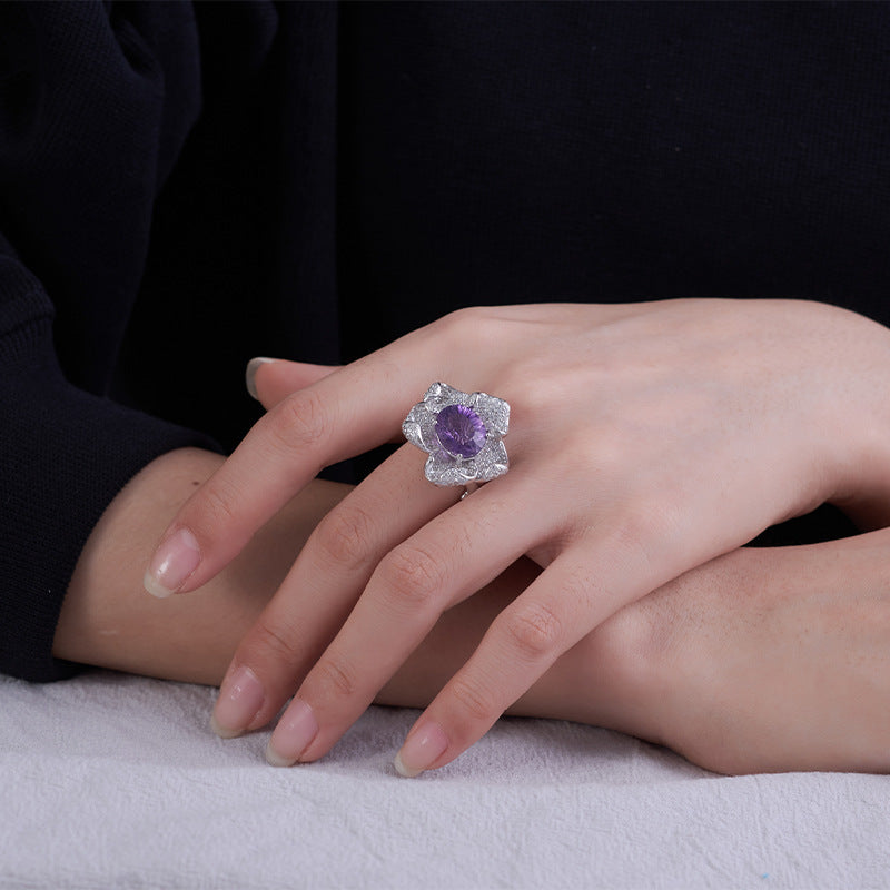 925 Sterling Silver Amethyst Flower Ring - Vintage Design