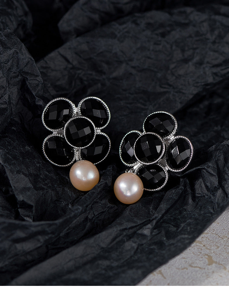 925 Sterling Silver Black Onyx Pearl Camellia Stud Earrings - French Design