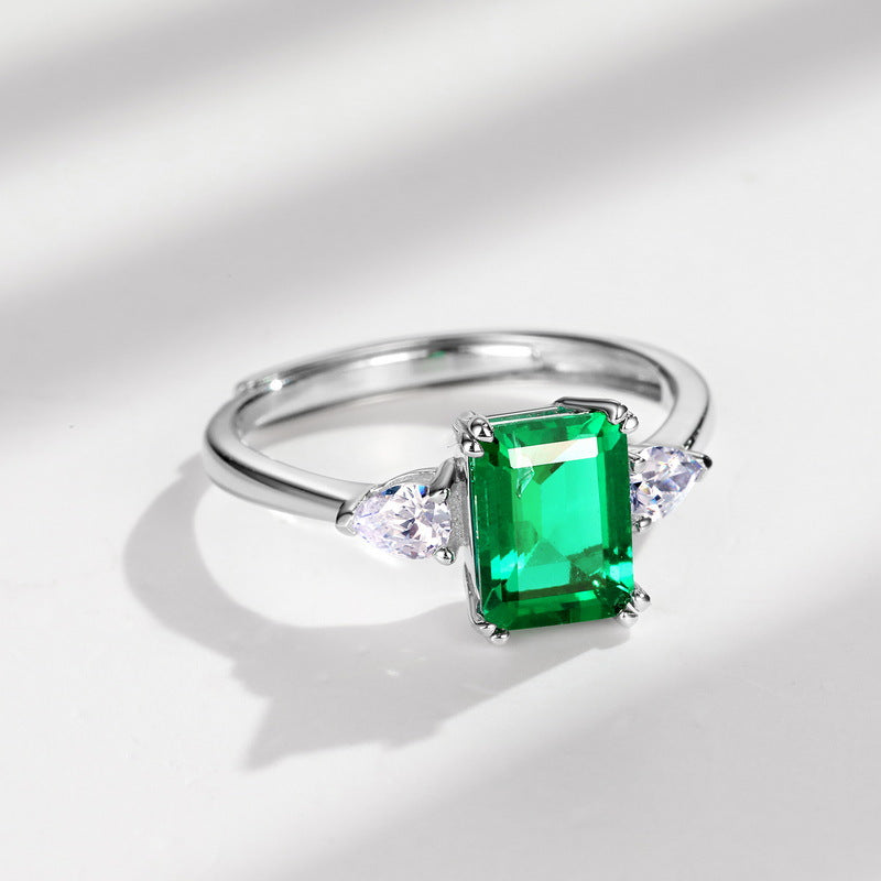 S925 Sterling Silver Princess Square Cultivated Emerald Ring
