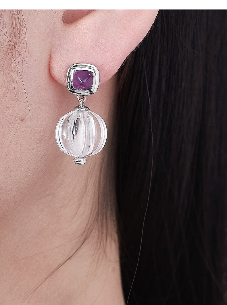 S925 silver rhombus hollow amethyst stud earrings pumpkin beads white crystal earrings simple niche design geometric set
