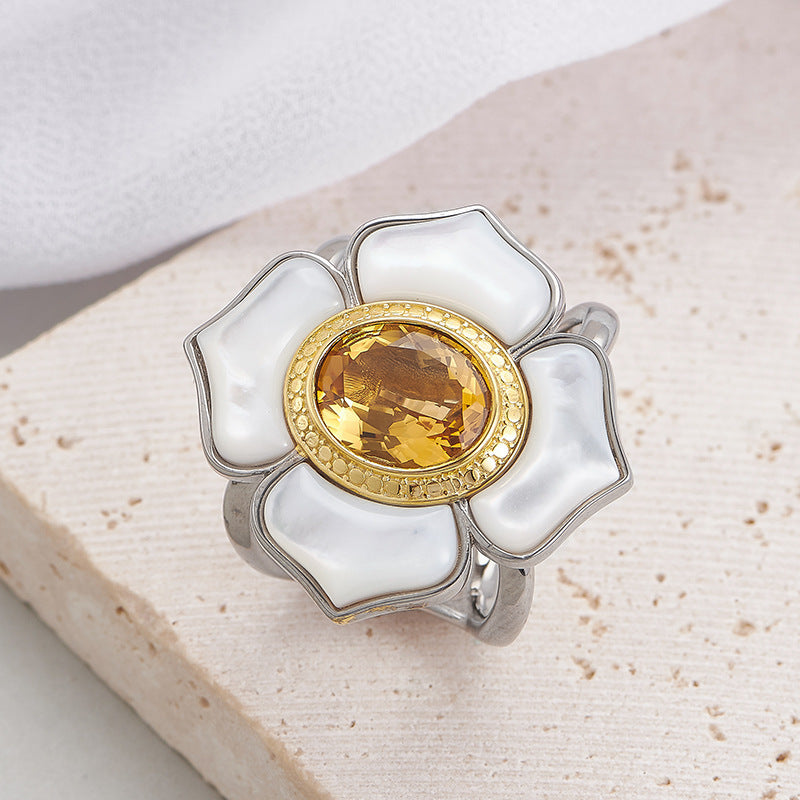 925 Sterling Silver White Shell Camellia Citrine Adjustable Ring