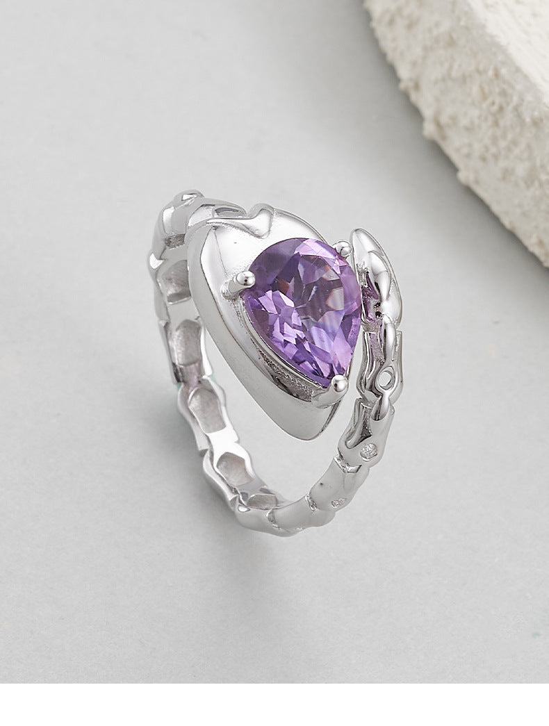 Serpent Amethyst Ring - 925 Sterling Silver Adjustable Band with Teardrop Stone