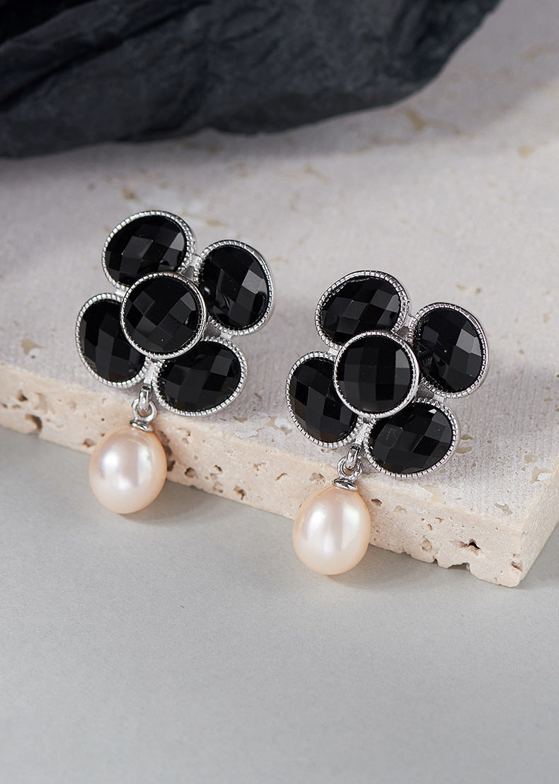 925 Sterling Silver Black Onyx Pearl Camellia Stud Earrings - French Design