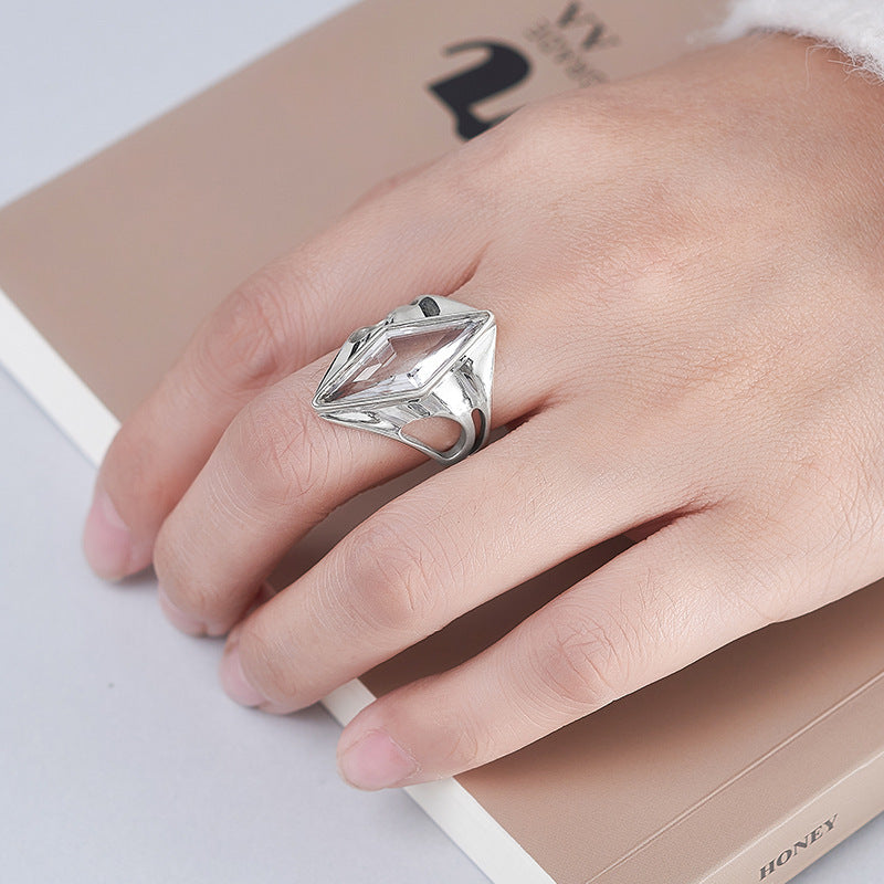 Minimalist Statement Ring - Adjustable Openwork 925 Silver with Quartz - A Modern Unisex Heirloom