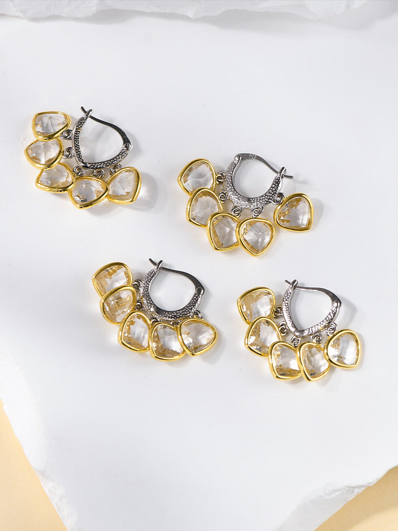 925 Sterling Silver White Crystal Cluster Dangle Earrings - French Design