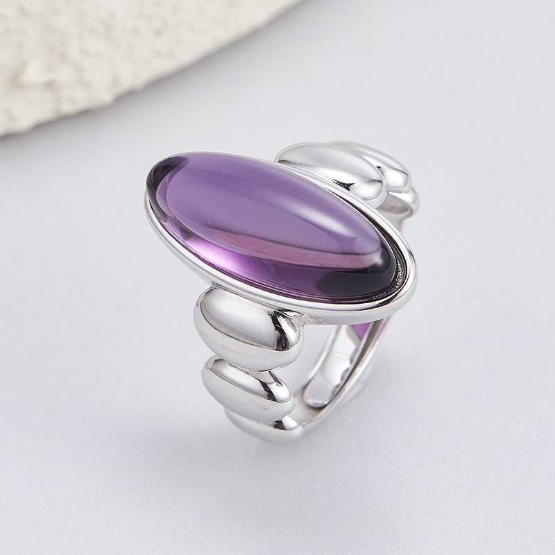 Geometric Natural Amethyst Ring - 925 Silver Cold Wind - Light Luxury Versatile Design