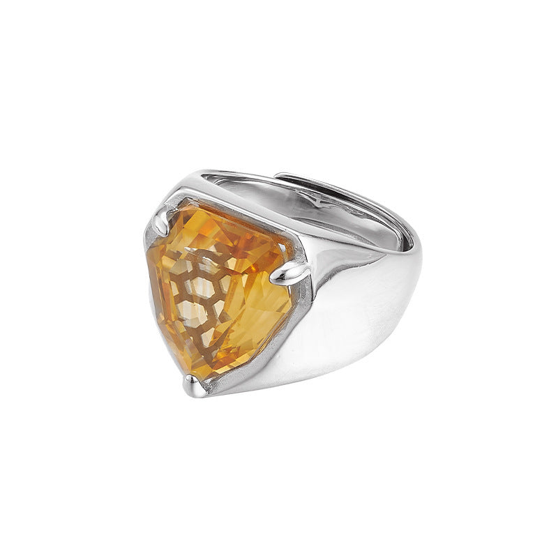 S925 silver cut amethyst geometric personality open ring fashionable simple sweet cool temperament adjustable ring