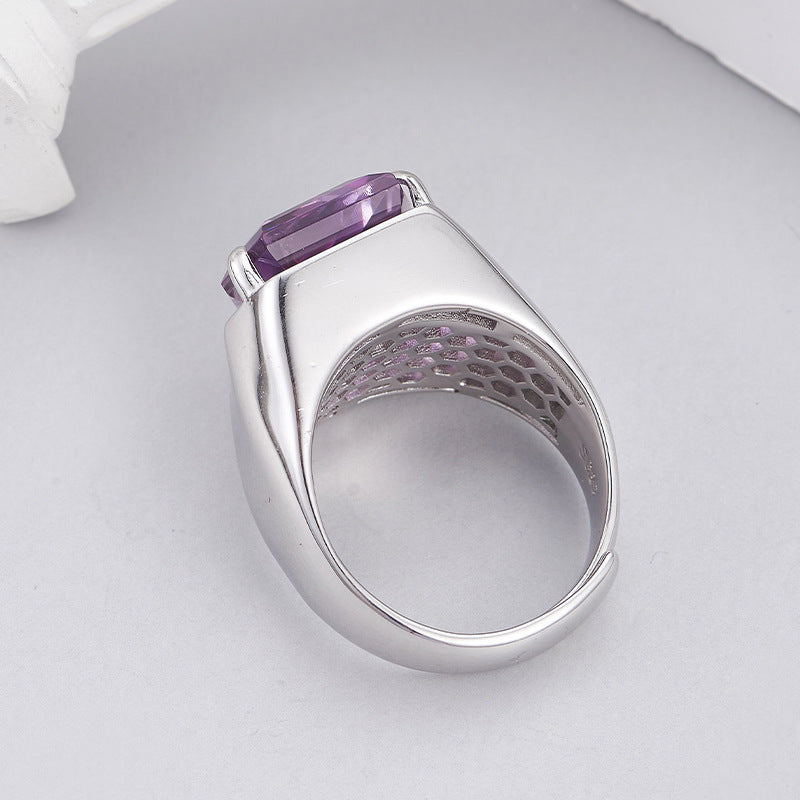 S925 silver cut amethyst geometric personality open ring fashionable simple sweet cool temperament adjustable ring