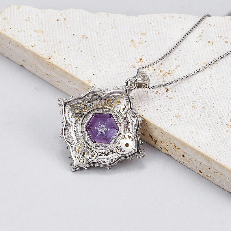 Rhombus Amethyst Pendant - 925 Silver Italian Retro Hollow Pattern - Court Style Necklace