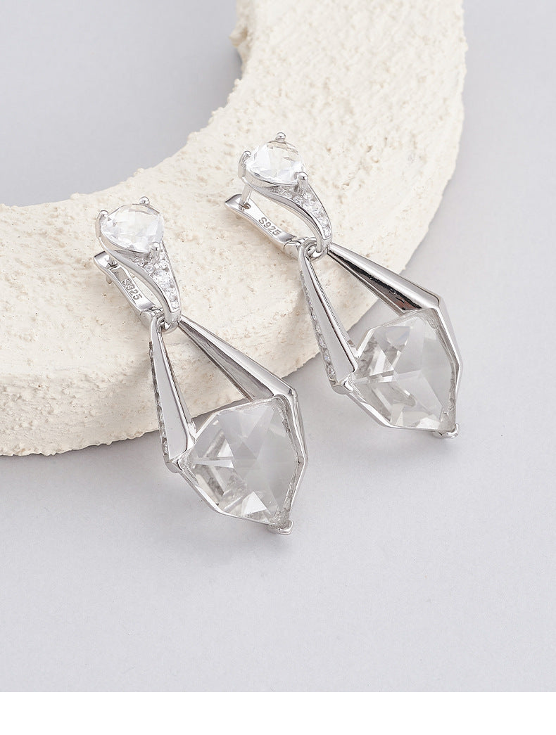 925 Sterling Silver Faceted White Crystal Geometric Dangle Earrings