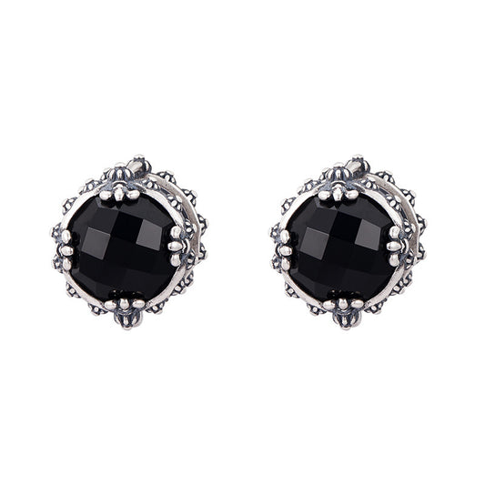 Geometric Onyx Earrings - Polished Sterling Silver Settings