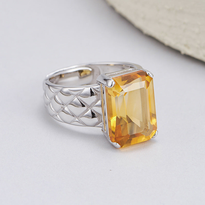 S925 silver natural cut citrine texture square ring cold wind personality temperament ring
