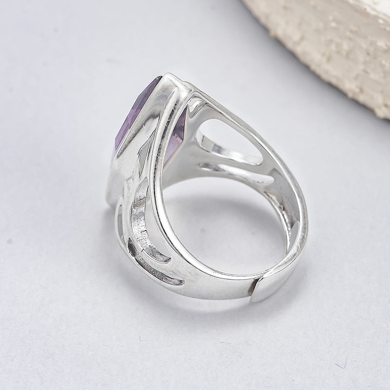 djustable Wide Band Ring - Oval Amethyst in 925 Sterling Silver - Openwork Filigree Design