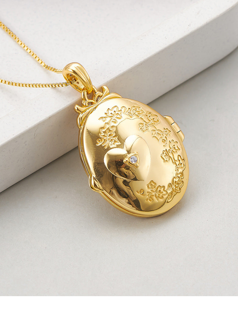 S925 silver pattern oval photo box heart-shaped couple necklace niche texture pendant can be opened for photos