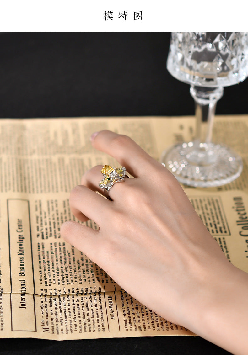 Elephant Citrine Ring - 925 Sterling Silver Adjustable Band with Micro-Pavé Detail