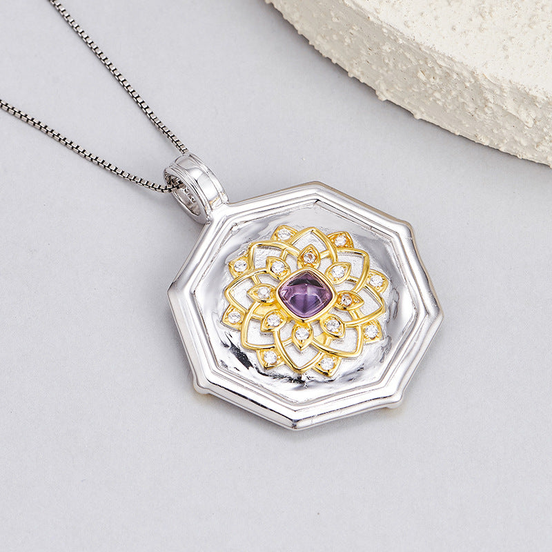 Amethyst Portrait Pendant | 925 Sterling Silver | Retro Relief Necklace